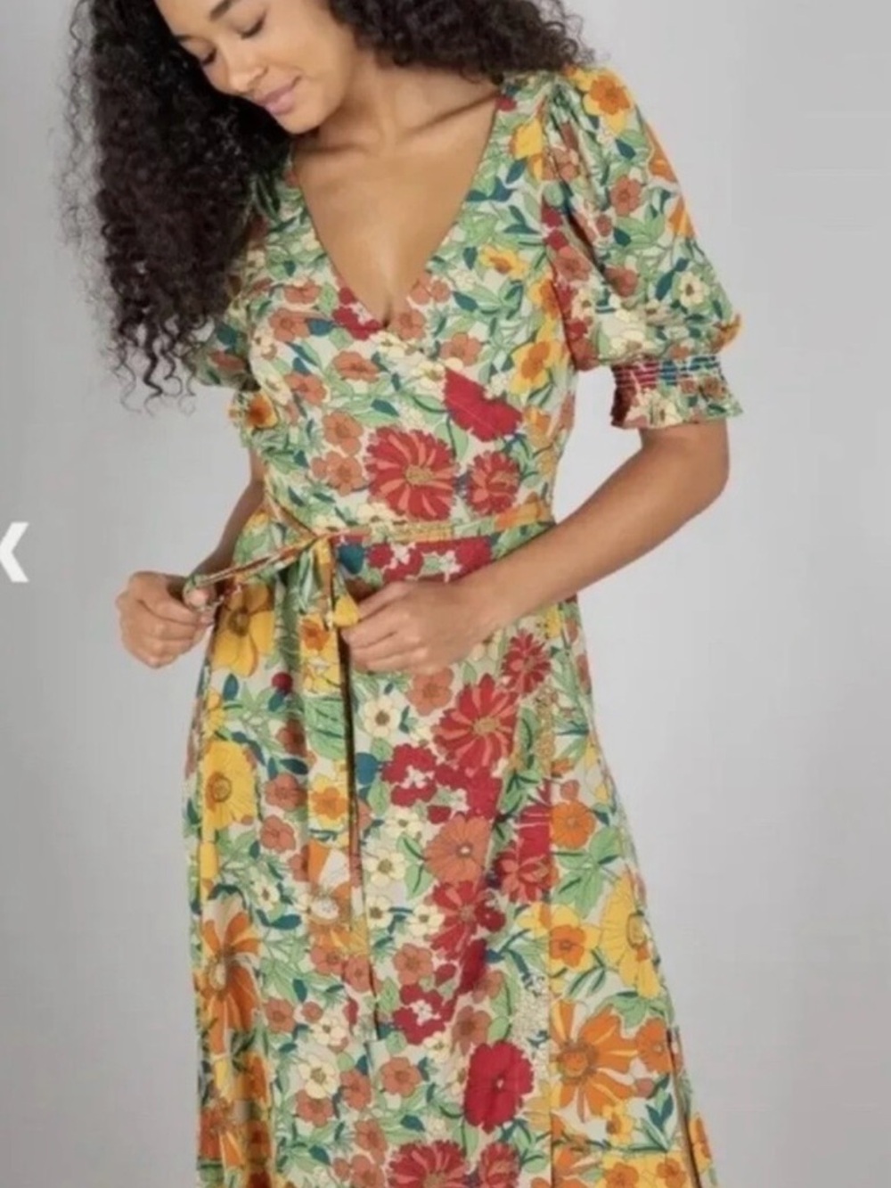 NATURAL LIFE Sophia Floral Wrap Midi Dress in Red, Yellow, Green